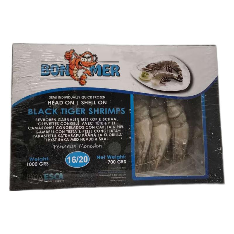 生鲜 冷冻 黑虎虾 整只 Black Tiger 16/20 带头带壳 30%冰