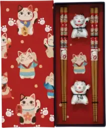 【München】Jade Temple 筷子套装 Essstäbchen-Set (2 Paar) mit Maneki-Neko-Stäbchenhalter (rot)